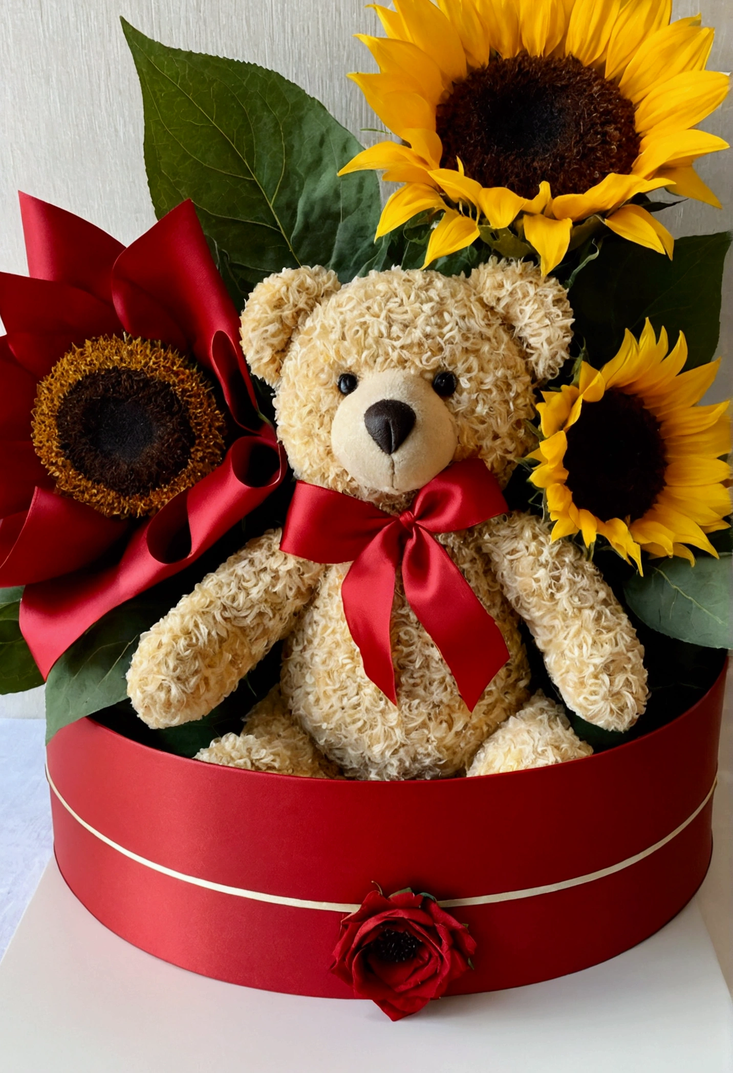 Details, bow box , in the red half, 3 sunflowers a teddy bear,