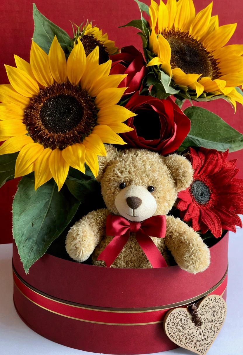 Details, bow box , in the red half, 3 sunflowers a teddy bear,