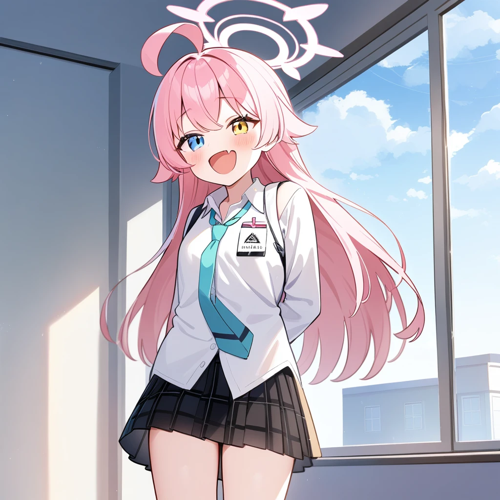 hoshino-default, hoshino \(blue archive\), heterochromia, long hair, pink hair, ahoge, halo,, white shirt, plaid skirt, necktie, sneakers, id card, NSFW, One girl,Handjob,Sweat, vapor, witness, Browsing Caution, 2Men, in hotel, bed, UHD, masterpiece, textured skin, high details, best quality, highres, anatomically correct,enraptured smile,Sensual eyes,flirty expression