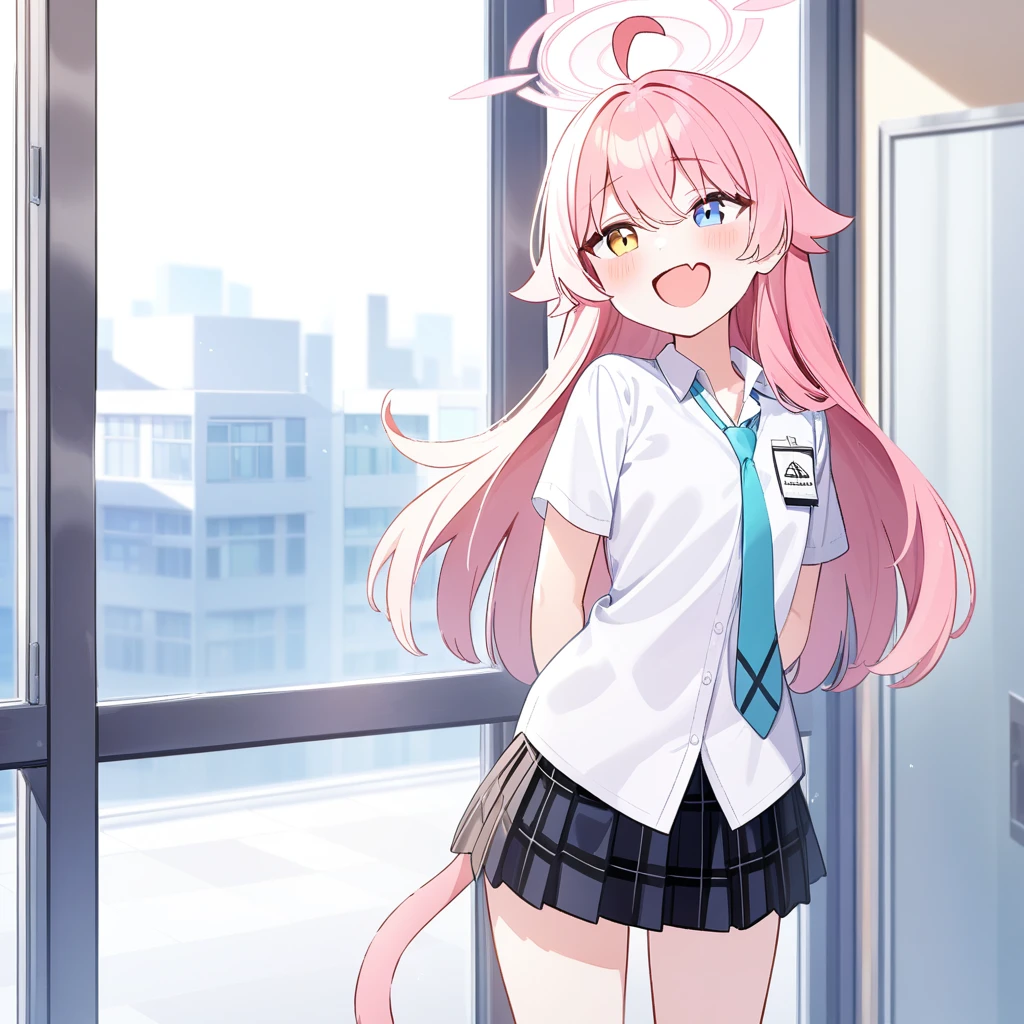 (masterpiece:1.2,high quality),4K,High resolution,A little girl of 16 years old,cute girl, Takanashi Hoshino(Blue Archive),pink hair,long hair,ahoge,yellow and light blue eyes,heterochromia,laughing,skin fang,Wearing a white shirt,tie,Black plaid pleated skirt,Standing in the room,Next to it is the window,curtain,High School Students,thigh,alone,cat tail,((Hands behind your back))