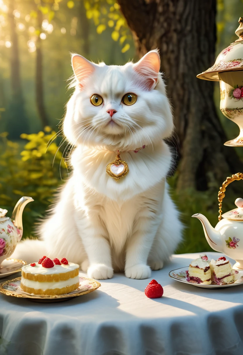 Realistic portrait of a dressed animal - beautiful anthropomorphic Persian white cat, Alice in Wonderland Costume、(Mysterious tea party in the forest、A teapot and lots of sweets on a wooden table、cake) ,Antique photos、Nostalgia、Highly detailed decorations,, (Melancholy),Outdoor、Golden Hour、Dramatic(Full body image:1.5)