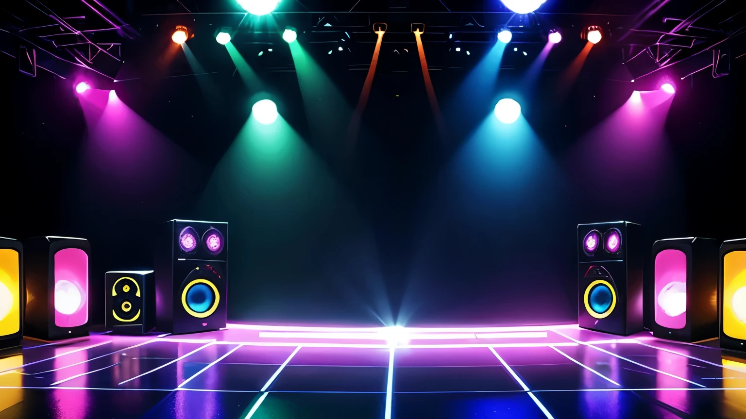 criar um ambiente de disco on 70,80s , eletronic style, stage, lights, power speakers,amplicadores de som,equelizadores, no figures no ambiente, color lights decoration, unique disco