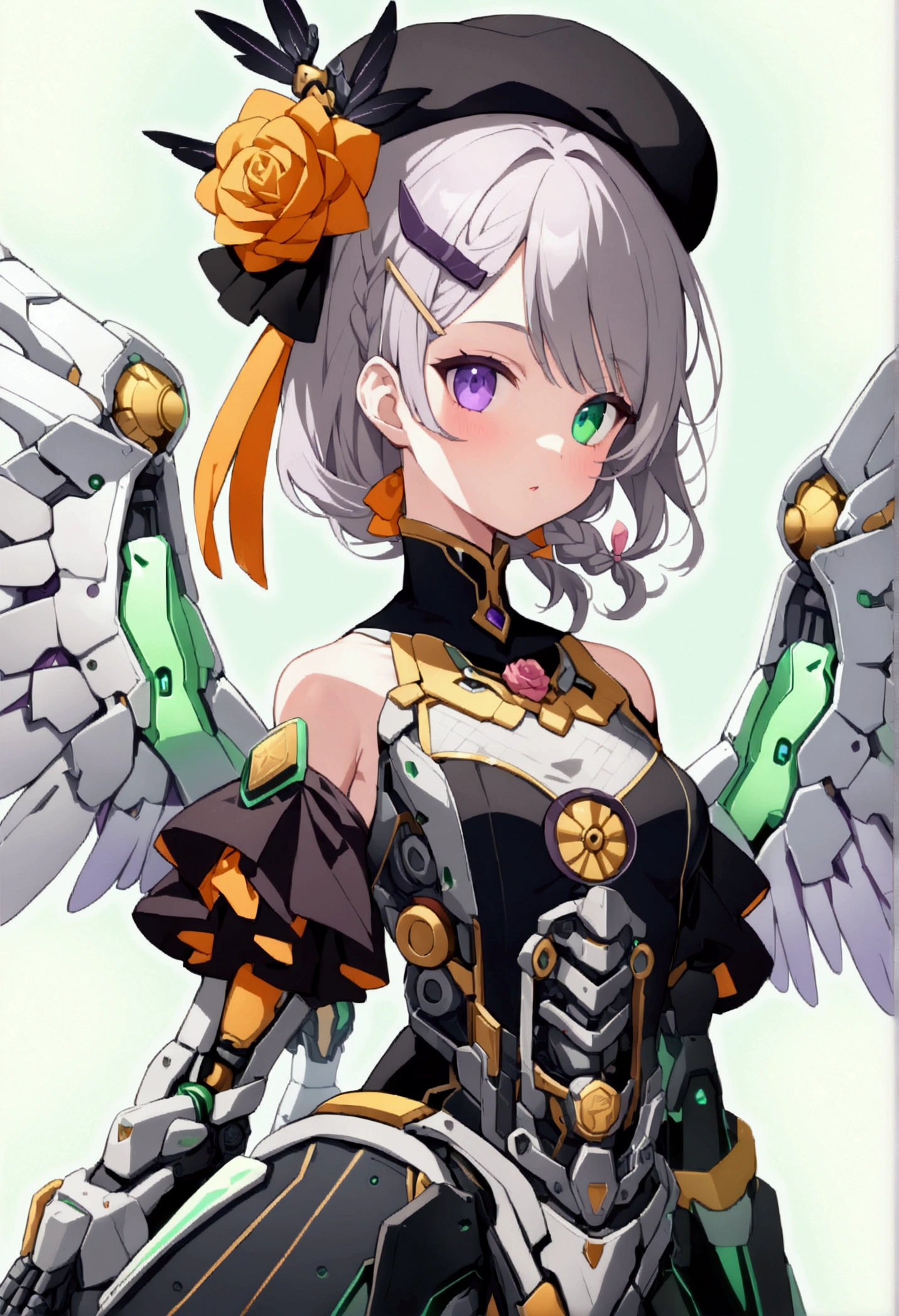 woman 165cm tall, slim build, , charming look, ((heterocromia: look like, derecho naranja y look like izquierdo violeta)), (Shoulder Length Wavy Gray Hair, a short braid on the left side of the hair, big open bangs, golden gear hairpin in hair), (((complex mechanical legs up to the hip, The legs are black with gray parts with small pink details))), (((complex mechanical arms up to the elbows, The arms are black with gray parts with small pink details))), (complex white mechanical angel wings with pastel green parts), (elegant black French beret with an orange rose ribbon), (elegant thigh-length one-piece dress, short bell skirt with small gear details, short sleeves, elegant black hip belt with orange parts, small rose brooch in the middle of the bust, beautiful mechanical stiletto heels), (((character design sheet: Front view))), ((Whole body)), extremely detailed beautiful hair, beautiful detailed dress, extremely detailed arms, extremely detailed face, (Extremely detailed hands), perfect hands, small face, hermosos look likes detallados, beautiful detailed lips, adorable, extremely detailed legs, (Best Quality, 8k, Ultra resolution), ultra detailed, Exquisite and epic character art, ((Pastel yellow background)), (Focus on symmetry), (extremely detailed wings).