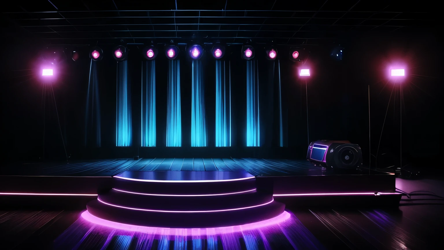 criar um ambiente de disco on 70,80s , eletronic style, stage, lights, power speakers,amplicadores de som,equelizadores, no figures no ambiente, color lights decoration, unique disco