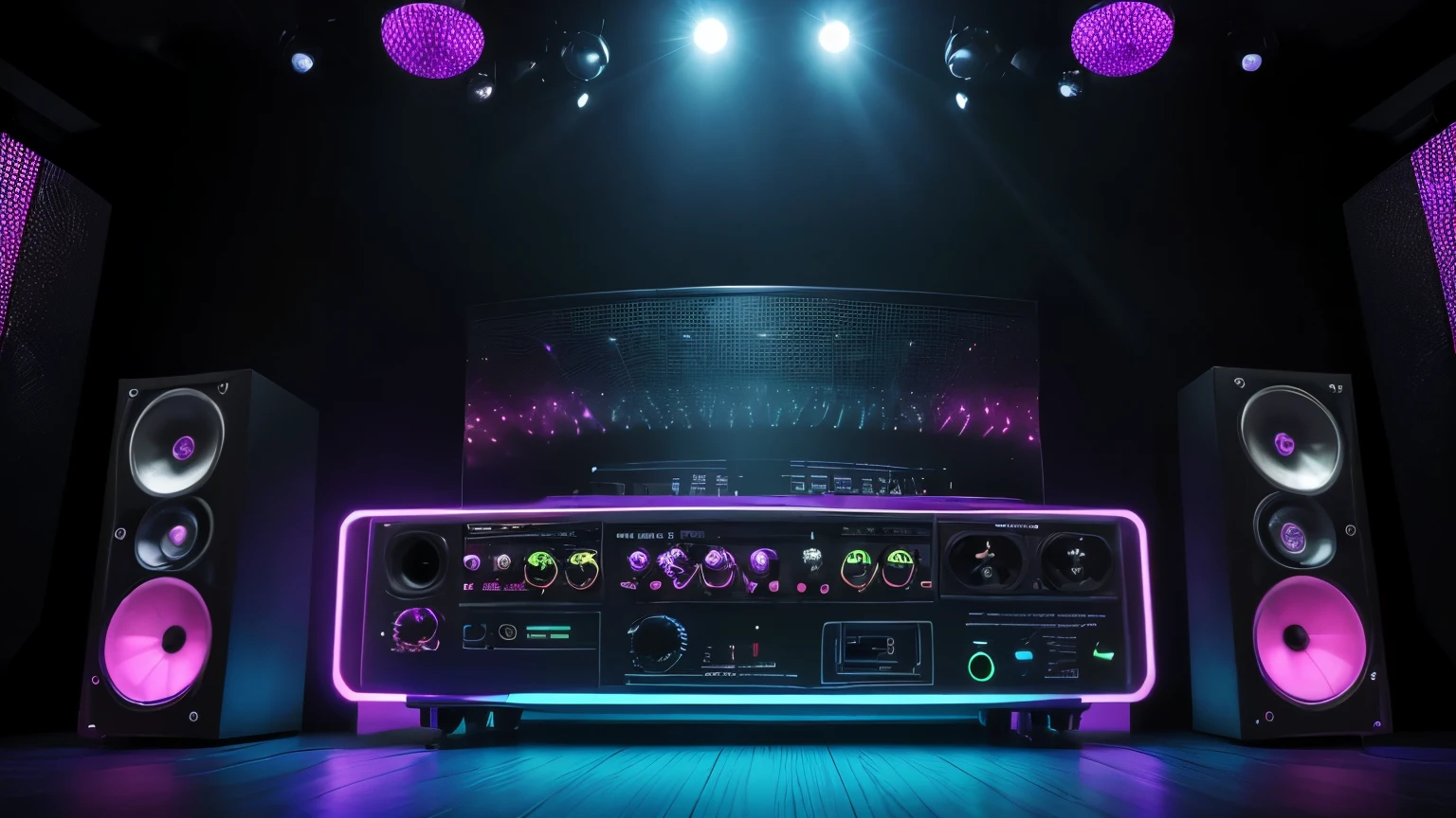 criar um ambiente de disco on 70,80s , eletronic style, stage, lights, power speakers,amplicadores de som,equelizadores, no figures no ambiente, color lights decoration, unique disco