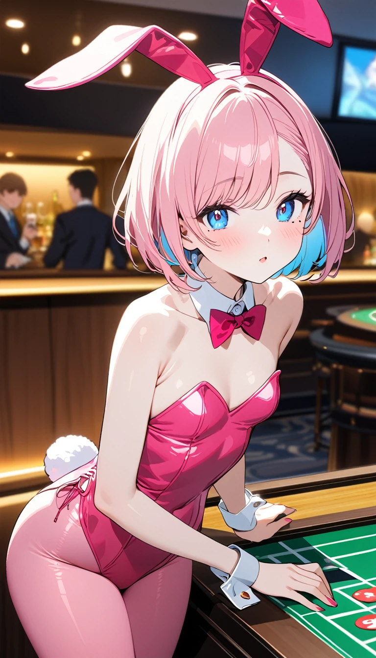(1 girl),(manga's crisp and clean line art:1.2),(Best Picture Quality, 8K, Masterpiece:1.3), (high student:1.5), ((pink lob hair:1.1)), (bob cut),(swept bangs), (cute eyes, pupil black, iris skyblue, youthful face), (mole under right eye), (standard weight), (small breasts),(big hip), (glistening skin:1.1),(pale skin:1.2), ((pink playboy bunny costume:1.2)), (pink pantyhose), VIP lounge in casino.
