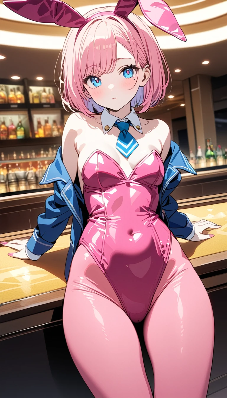 (1 girl),(manga's crisp and clean line art:1.2),(Best Picture Quality, 8K, Masterpiece:1.3), (high school student:1.5), ((pink lob hair:1.1)), (bob cut),(swept bangs), (cute eyes, pupil black, iris skyblue, youthful face), (mole under right eye), (standard weight), (small breasts),(big hip), (glistening skin:1.1),(pale skin:1.2), ((pink playboy bunny costume:1.2)), (pink pantyhose), VIP lounge in casino.