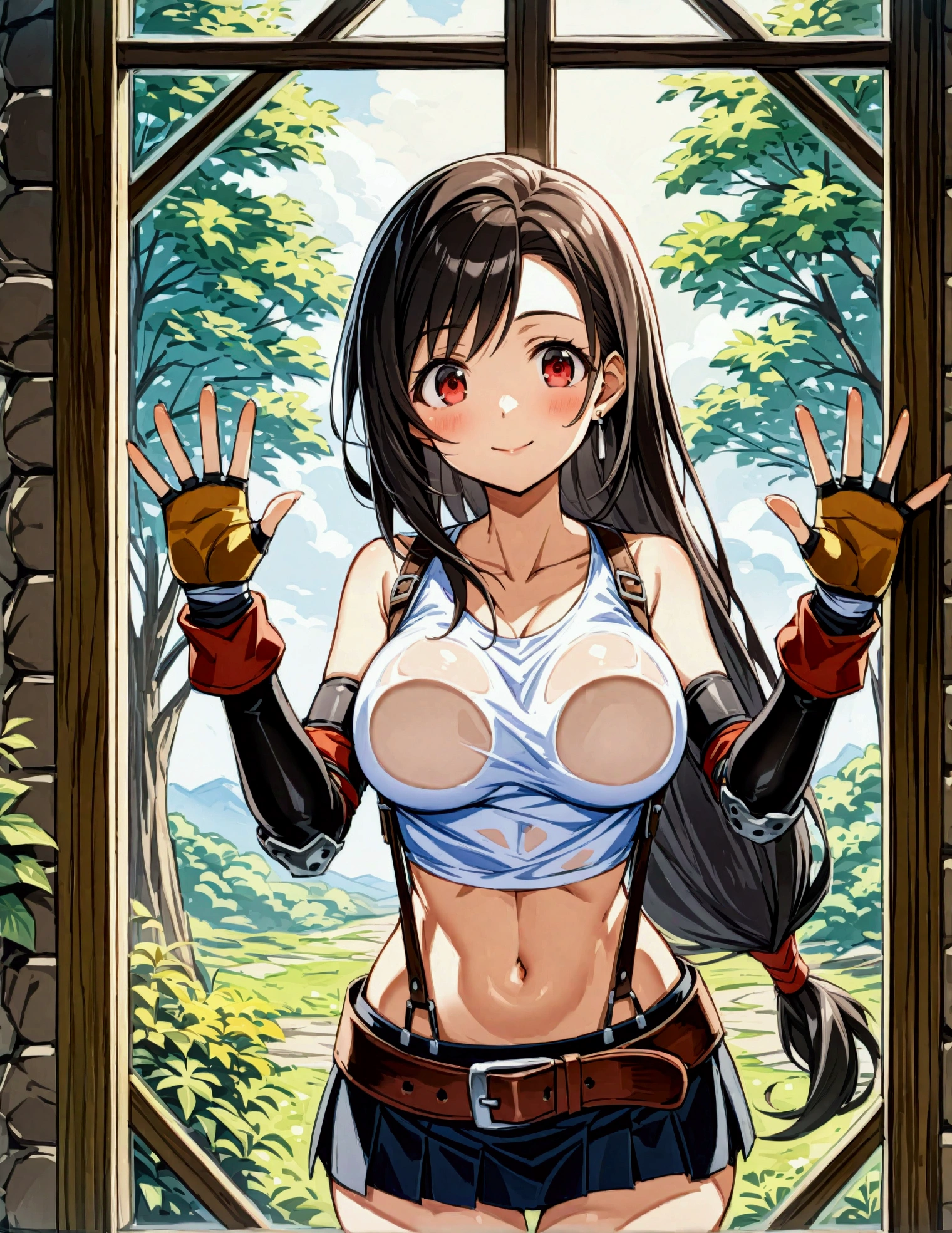 (score_9
score_8_up
score_7_up
score_6_up
score_5_up
score_4_up
source_anime),,BREAK , ,straight-on,, breast press,,standing,(breasts on glass,against glass.hands on glass.window), upperbody,,Solo ,1girl, tifa lockhart, final fantasy, tareme,black hair, low-tied long hair, red eyes, bangs, (white tank top, belt, pleated skirt, thighhighs, elbow fingerless gloves, elbow pads, midriff, navel,suspender skirt) ,(large_breast),(light smile),daytime,outdoor,(ultra detailed),(best quality),(aesthetic,very aesthetic),UHD,extremely detailed CG unity 8k wallpaper,depth of field,,,detailed face and eyes,)