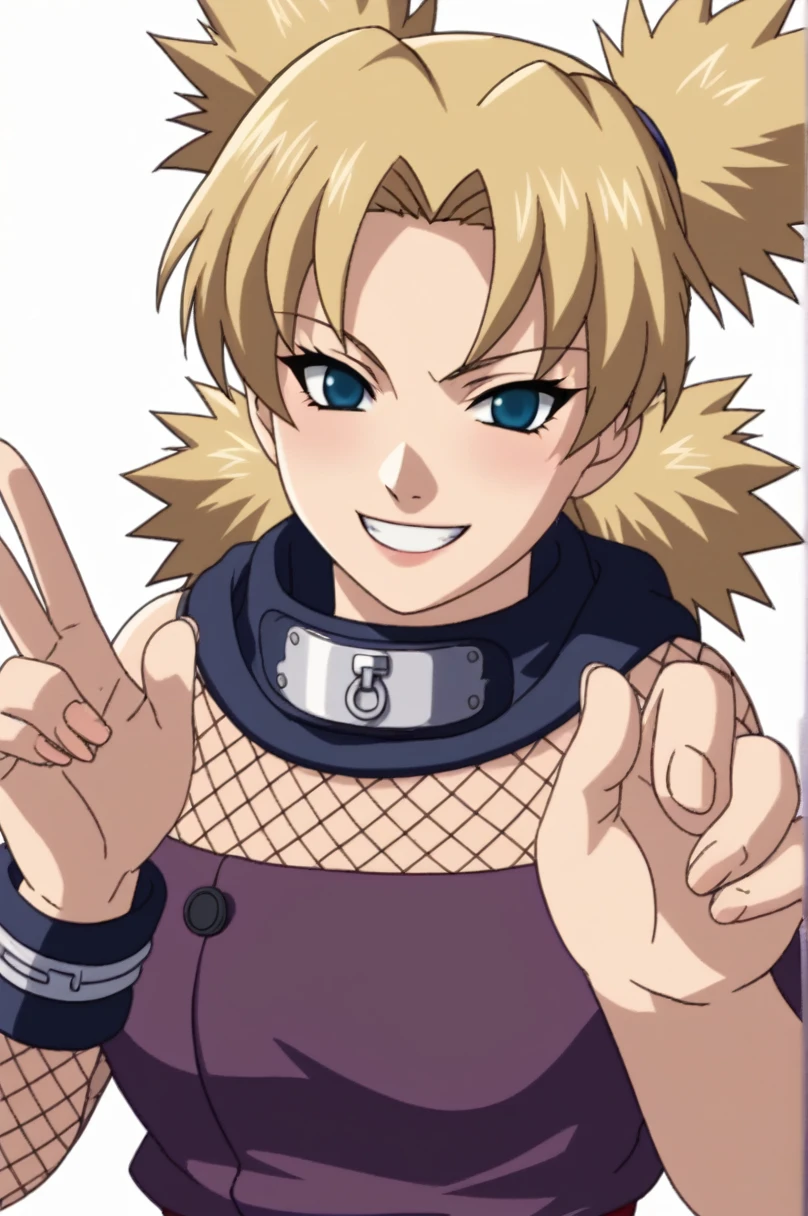 score_9, score_8_up, score_7_up, score_6_up, score_5_up, score_4_up, BREAK, source_anime, ytemari, 1girl, blonde hair, quad tails, blue eyes, fishnets, purple garment, sash, smile, upper body, looking at viewer, solo, simple background, white background, anime screencap, anime coloring, holding male chastity cage, extreme evil facial expression, wicked facial expression, holding male chastity cage for viewer, one hand with two fingers extremely close together