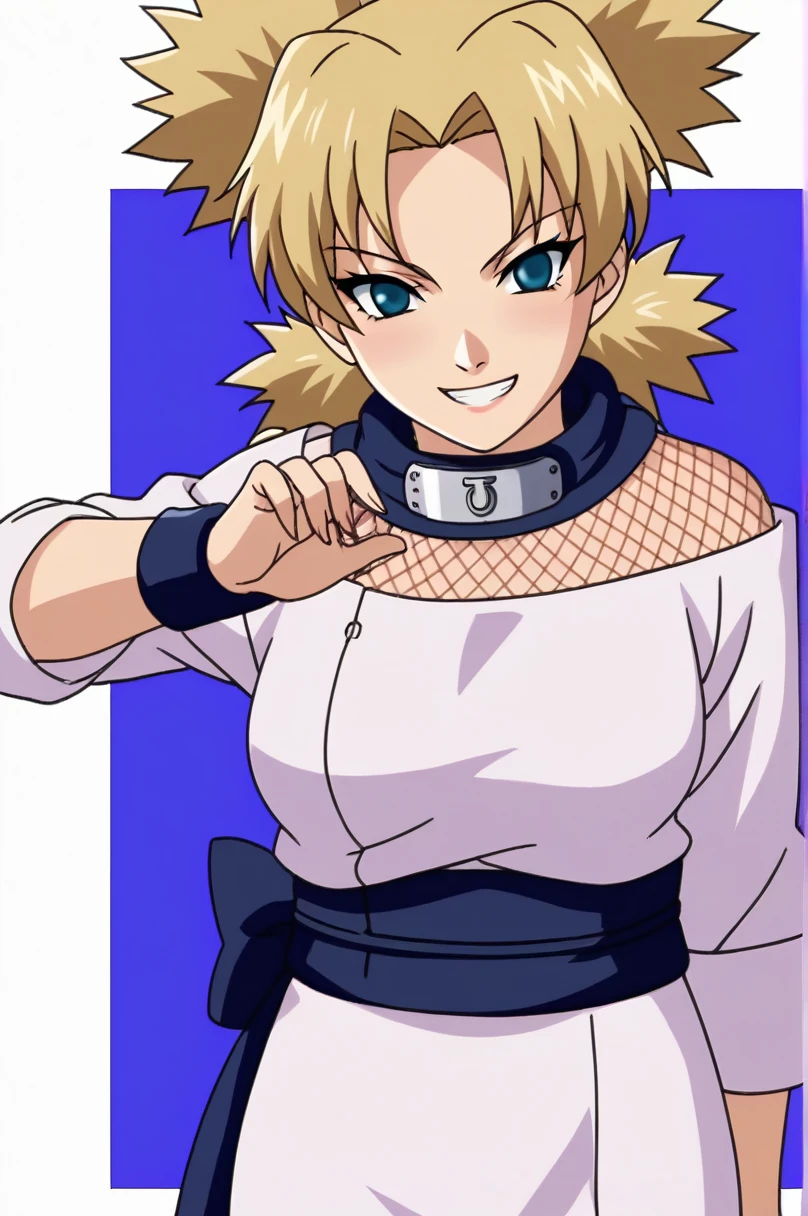 score_9, score_8_up, score_7_up, score_6_up, score_5_up, score_4_up, BREAK, source_anime, ytemari, 1girl, blonde hair, quad tails, blue eyes, fishnets, purple garment, sash,  smile, upper body, looking at viewer, solo, simple background, white background, anime screencap, anime coloring, holding male chastity cage, extreme evil facial expression, wicked facial expression, holding male chastity cage for viewer, one hand with two fingers extremely close together