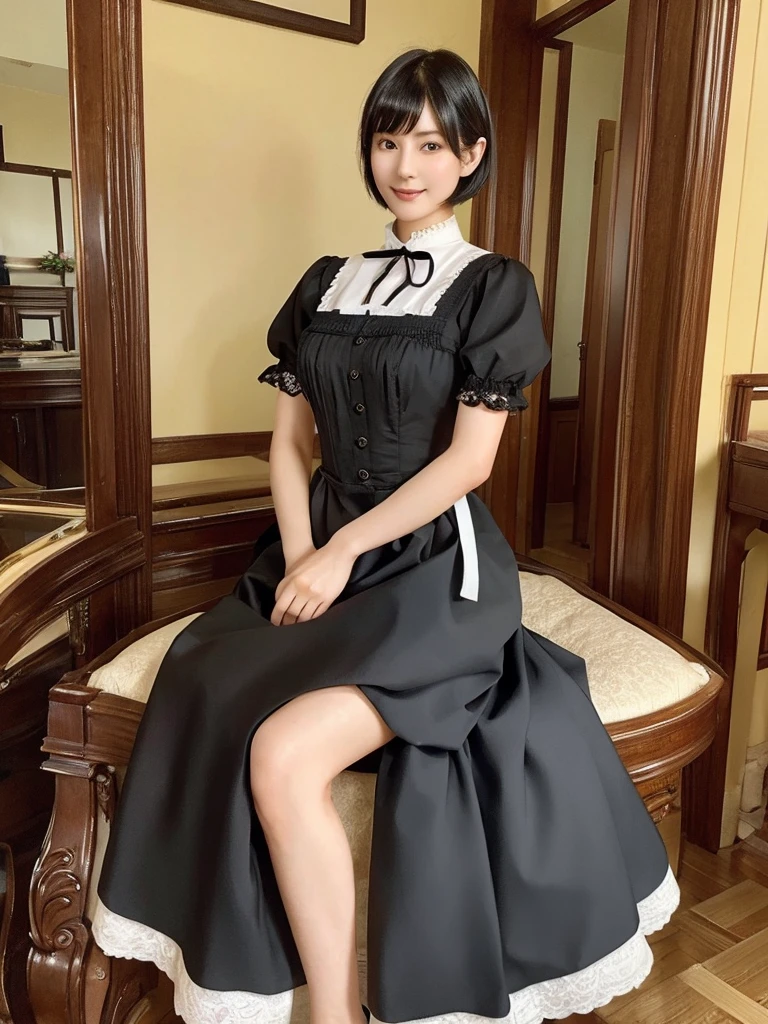 Highest quality、masterpiece、8k、Very detailed、Realistic、Looking at me with a smile、whole body、Black Hair、Short Hair、Small face、Slender、Big Breasts、Thin and beautiful legs、narrow and constricted waist,、Victorian maid clothes