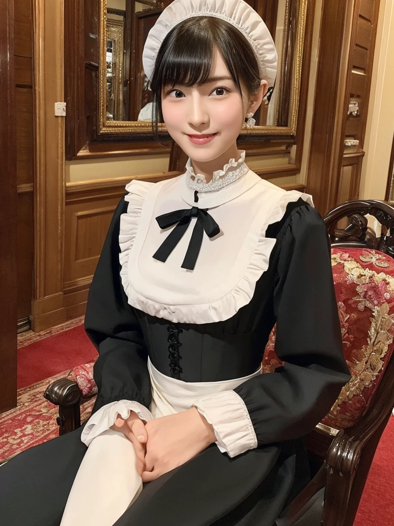 Highest quality、masterpiece、8k、Very detailed、Realistic、Looking at me with a smile、whole body、Black Hair、Short Hair、Small face、Slender、Big Breasts、Thin and beautiful legs、narrow and constricted waist,、Maid clothes