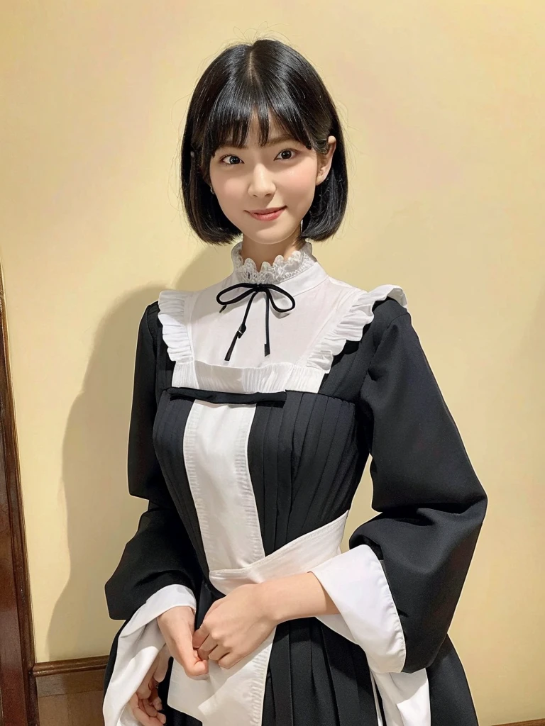 Highest quality、masterpiece、8k、Very detailed、Realistic、Looking at me with a smile、whole body、Black Hair、Short Hair、Small face、Slender、Big Breasts、Thin and beautiful legs、narrow and constricted waist,、Victorian maid clothes