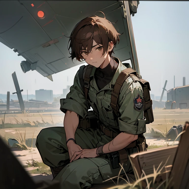 ((best quality)), ((masterpiece)), (detailed), (anime art), scarred face, american soldier, air force, war torm battlefield, male, half mask, Looking at viewer, Short Hair, Brown Hair, Closed Mouth, Feet Out Of Frame,