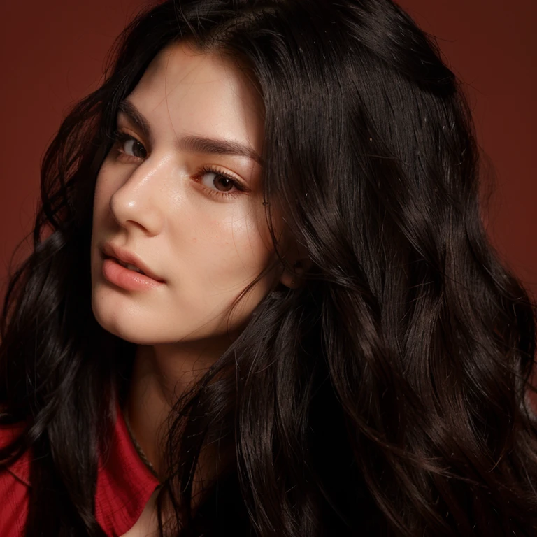 arafed woman with long black hair and a red shirt, with no facial features, with symmetrical facial features, small lips pointy nose, exaggerated facial features, androgynous face, highly accurate facial features, detailed unblurred face, with detailed facial features, real detailed face, perfect facial features, the face of absurdly beautiful, super realistic facial features