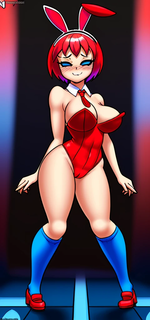 [less8 Pacman ghost], ((masterpiece)), ((High Definition)), ((high quality)), ((detailed shading)), ((beautiful rendering art)), ((solo portrait)), ((Whole body)), ((Front view)), ((intricate details)), playboy bunny, Red suit ,socks negras, socks . , blue eyes, Red hair, , short hair, big breasts, shoes, red shoes, defined neckline,(Blue socks), human,hair ornament, white rabbit tail,  cyberpunk, neon, interiors, casino, depth of field,, Alone, looking at the viewer, very sensual, blushing, mischievous smile, shy pose,.....open legs, sexual content