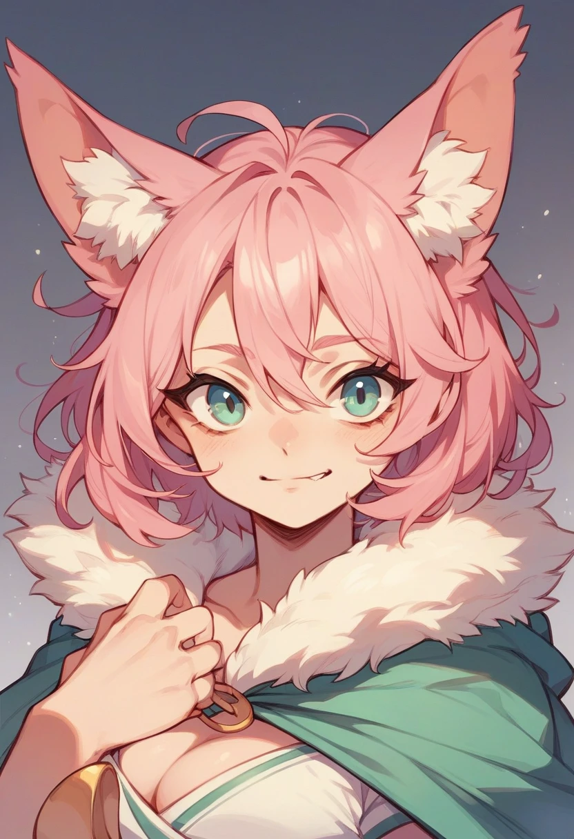 A half-human cat with pink hair and a very fluffy tail 