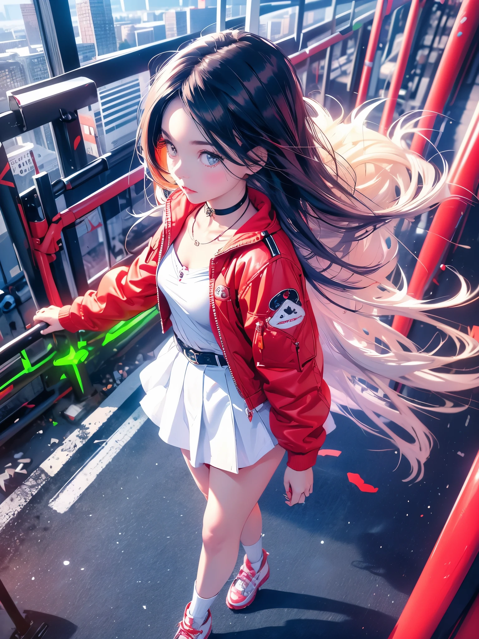 work of art, best qualityer,, Maruzenski (umamusume),, red socks, red jacket, pleatedskirt, short denim skirt, long sleeves, choker, white undershirt, open jacket, white bow, clothes open, high-heels, asphalt road, (((thick coxas, small round breasts, walking as if on parade))), Eye trails, night sky, neon, From above,,