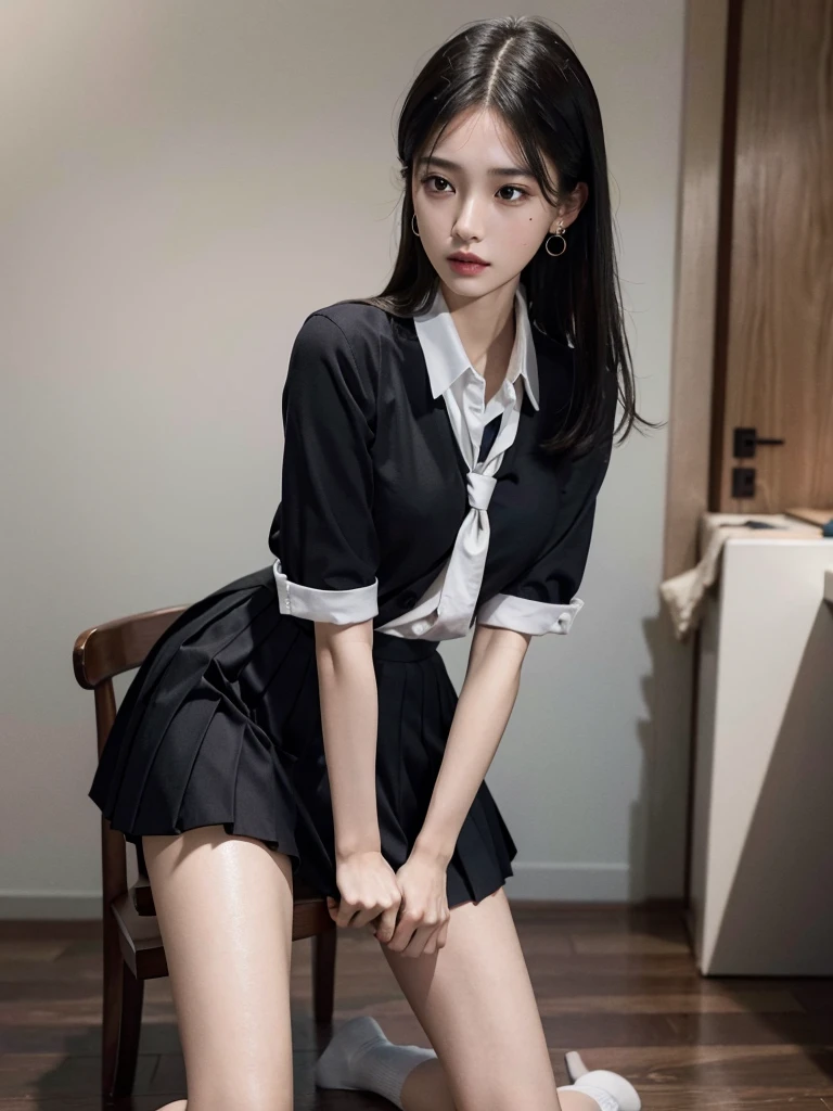 Korean school uniform, school uniform shirt, ribbon, skirt, bright brown hair, night school poolside, night poolside bench, dark atmosphere, 8K RAW photos, high resolution, cute Japan, very big round breasts, beautiful eyes in detail, long eyelashes, beautiful double eyelids, slit eyes, elongated eye shape, Sanpaku eyes, duck mouth, evil smile, evil expression, beautiful and very thin legs, beautiful and very thin thighs, random short hair, hair tied behind the head, earrings, necklaces,