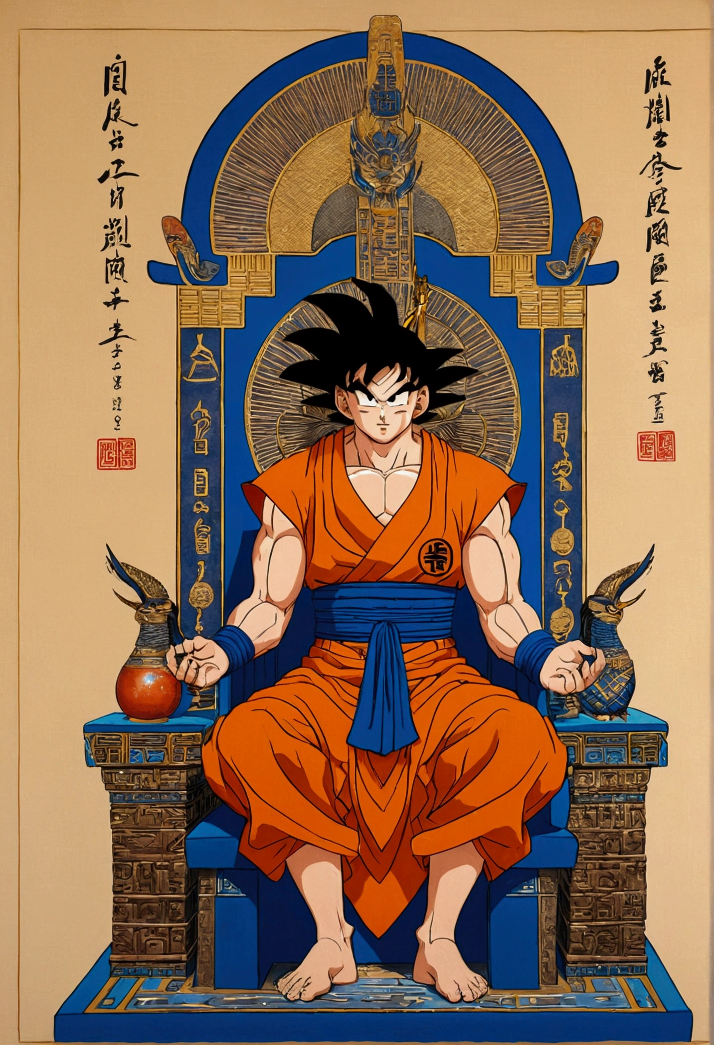 Chinese painting , goku in egyptian robes , sitting on throne , anime, 1 leg crossed above knee