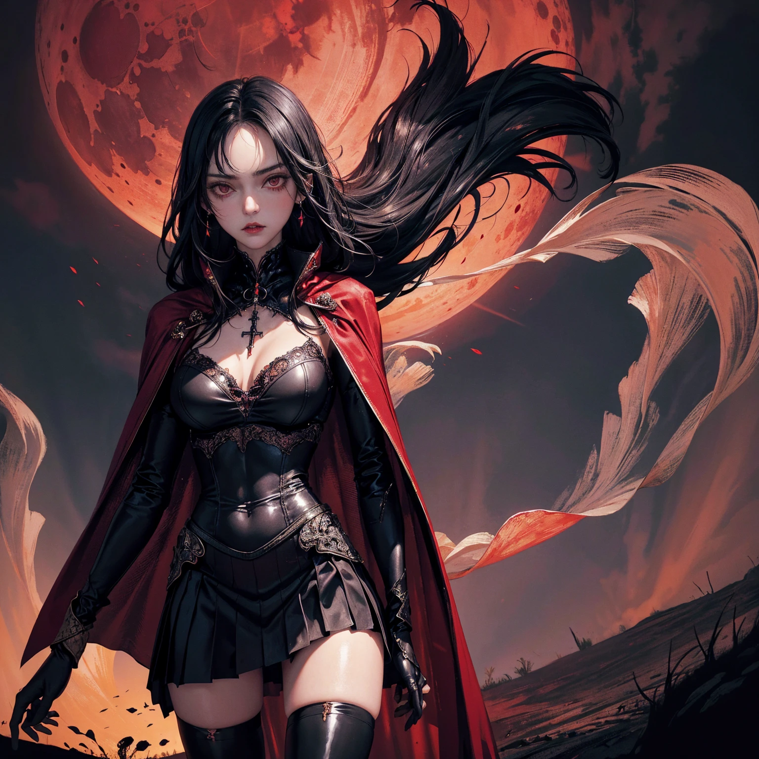 best quality, 4K, high resolution, masterpiece:1.2, Very detailed, actual:1.37, Mood lighting, Girl in a long cape, Wearing a reflective latex skirt that shows a little skin above the chest, reflective rubber bra, Dangerous sneer, Black Hair, Standing, Facing the camera, Crucified, Pitch black sky, Blood-red moon, strange atmosphere, Gothic style, Unforgettable beauty, Dramatic shadows, Ethereal Light, Mysterious atmosphere.