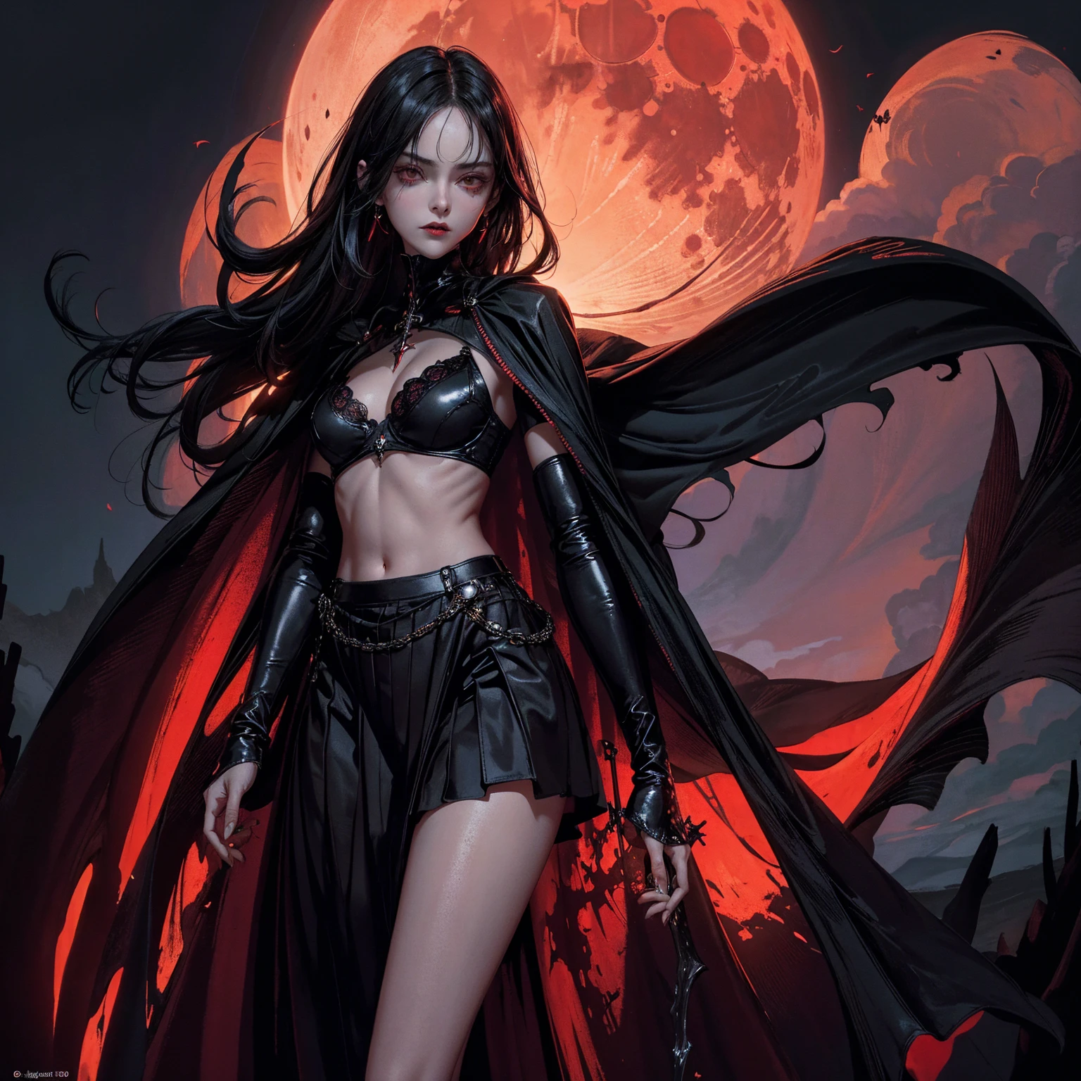 best quality, 4K, high resolution, masterpiece:1.2, Very detailed, actual:1.37, Mood lighting, Girl in a long cape, Wearing a reflective latex skirt that shows a little skin above the chest, reflective rubber bra, Dangerous sneer, Black Hair, Standing, Facing the camera, Crucified, Pitch black sky, Blood-red moon, strange atmosphere, Gothic style, Unforgettable beauty, Dramatic shadows, Ethereal Light, Mysterious atmosphere.
