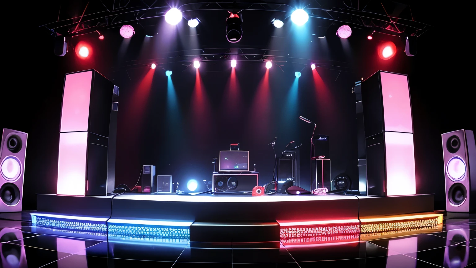 criar um ambiente de disco on 70,80s , eletronic style, stage, lights, power speakers,amplicadores de som,equelizadores, no figures no ambiente, color lights decoration, unique disco