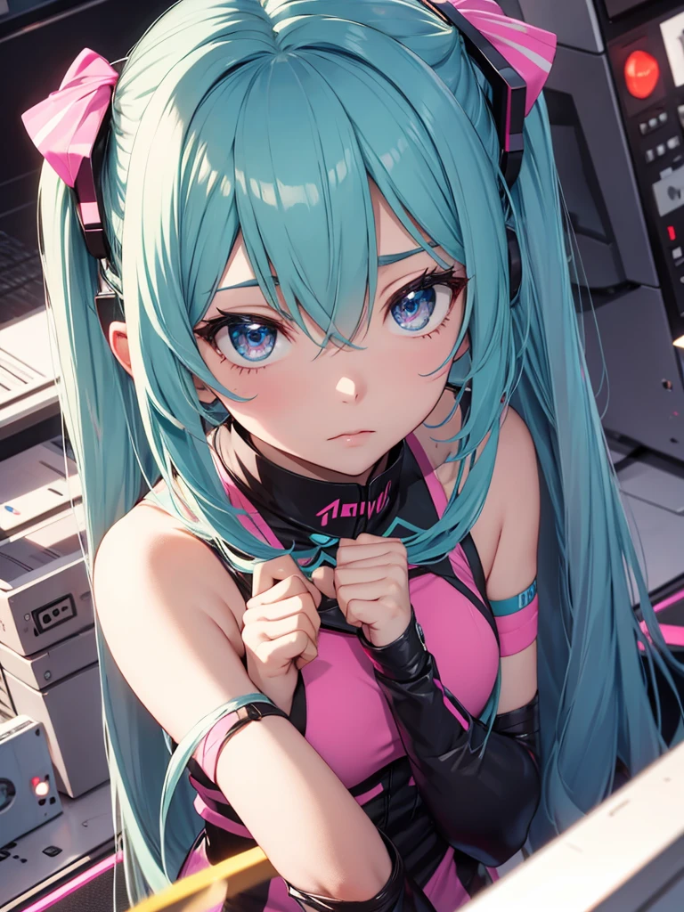 hatsune miku, kula diamond,pink eye pullila, striking eyes ,more teenage appearance