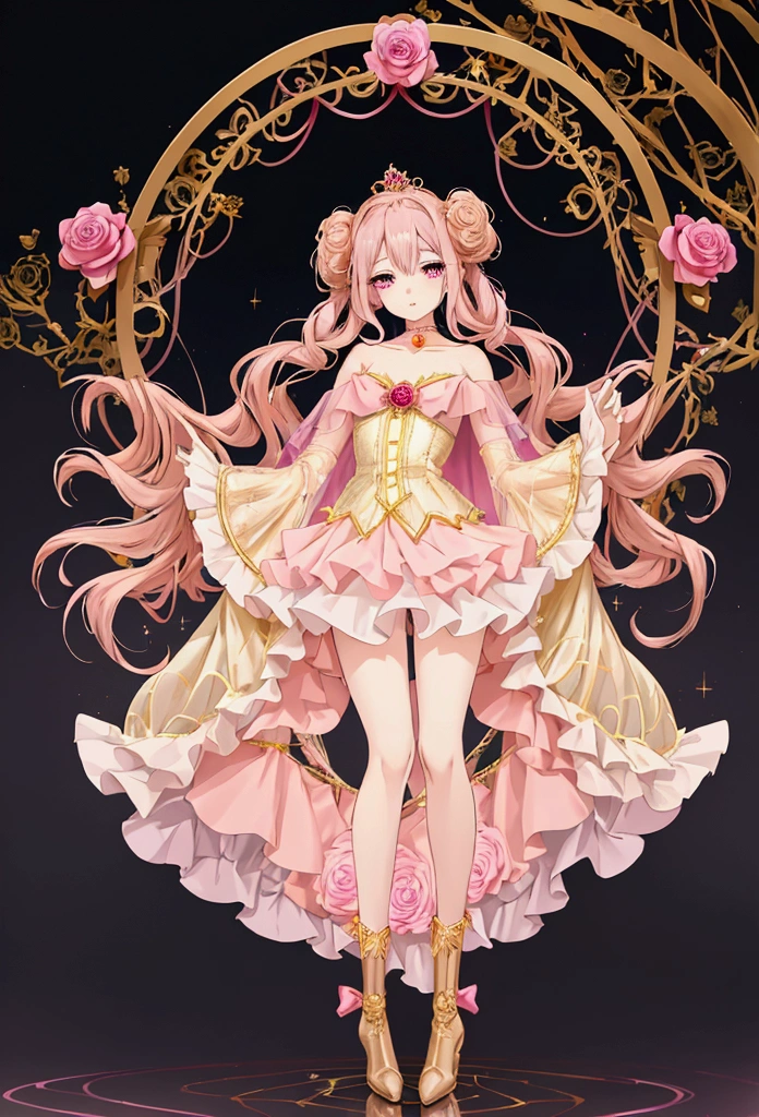 Create an anime-style girl with (((deep magenta eyes and long, wavy pink hair))) ((styled in an elegant frenchbraid)). (((She is slender, and with small breasts))). ((Ensure a full-body shot of her)) wearing a (((magical girl-themed outfit.))) ((The outfit features a fitted bodice with a sweetheart neckline, gold embroidery, and pastel pink accents. The bodice has delicate rose gold spider web patterns. She wears a multi-layered knee-length skirt with a high-low hemline, the outermost layer sheer with gold and rose gold spider web patterns. She has off-the-shoulder ???? sleeves, arm-length pastel pink gloves with gold trim, and a gold choker with a red gemstone. The outfit includes a short, detachable sheer cape with rose gold spider web patterns and is fastened with gold brooches. She wears pastel pink ankle boots with gold heels and rose gold laces. Accessories include a gold tiara with a red gemstone and gold spider-shaped hairpins.)) The overall look is regal and ethereal, with magical glowing effects. cutesexy, purinpuon pixiv, no future, a hyperrealistic , hyperrealistic , realistic , seductive (anime girl), smooth anime cg art, beautiful alluring anime teen, (purinpuon pixiv), ((magical girl)), (masterpiece), best quality, expressive eyes, perfect face ((Highest quality))、((8K))、(((8k wallpaper))) ((Full Body Shot: 1.5))、ultra detailed, masterpiece, best quality, solo ((purinpuon pixiv, no future)) (((purinpuon pixiv, no future)))