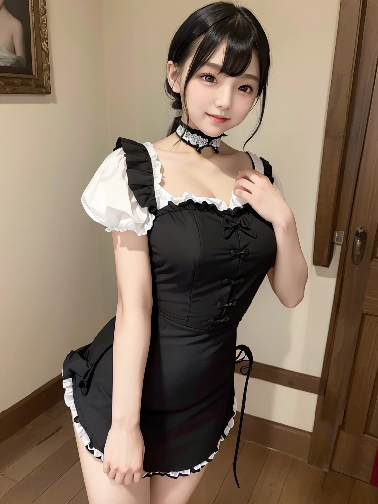 Highest quality、masterpiece、8k、Very detailed、Realistic、Looking at me with a smile、whole body、Black Hair、Short Hair、Small face、Slender、Big Breasts、Thin and beautiful legs、narrow and constricted waist,、Victorian maid clothes