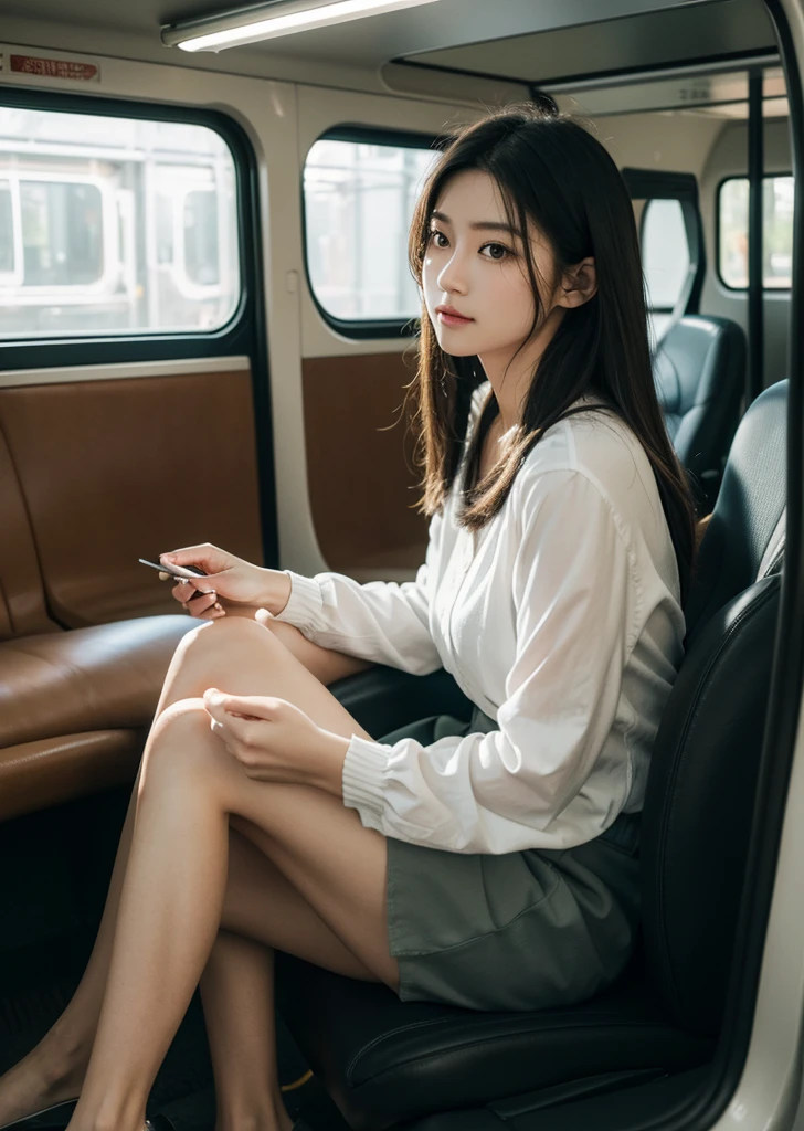 Diffuse lighting、 Highest quality, High resolution, unity 8k wallpaper、Supersaturation, Japanese、1 female、23age、prompt: "A Subway Car, People coming and going々. Wearing a suit、Standing in the corner of the car, Casually glance at everyone inside. The woman is standing elegantly on the other side of the car., Attract the attention of other passengers."prompt (Stable diffusion format): "(Highest quality,High resolution,masterpiece:1.2),Very detailed,(Realistic,photoRealistic,photo-Realistic:1.37),Subway Car,People coming and going々,Further details,Soft sunlight streaming through the window,Create a warm and cozy atmosphere,Rich colors and textures for enhanced visual impact,A portrait style that captures the beauty of each person,Subtle shadows that add depth to the scene,Reflective signs on shiny surfaces inside the car,Natural and relaxed pose of passengers,Evoke a sense of reality and authenticity,Dynamic configurations that simulate the movement and energy of the subway,