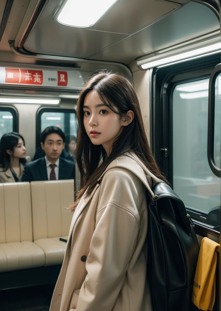 Diffuse lighting、 Highest quality, High resolution, unity 8k wallpaper、Supersaturation, Japanese、1 female、２３age、prompt: "A Subway Car, People coming and going々. Wearing a suit、Standing in the corner of the car, Casually glance at everyone inside. The woman is standing elegantly on the other side of the car., Attract the attention of other passengers."prompt (Stable diffusion format): "(Highest quality,High resolution,masterpiece:1.2),Very detailed,(Realistic,photoRealistic,photo-Realistic:1.37),Subway Car,People coming and going々,Further details,Soft sunlight streaming through the window,Create a warm and cozy atmosphere,Rich colors and textures for enhanced visual impact,A portrait style that captures the beauty of each person,Subtle shadows that add depth to the scene,Reflective signs on shiny surfaces inside the car,Natural and relaxed pose of passengers,Evoke a sense of reality and authenticity,Dynamic configurations that simulate the movement and energy of the subway,