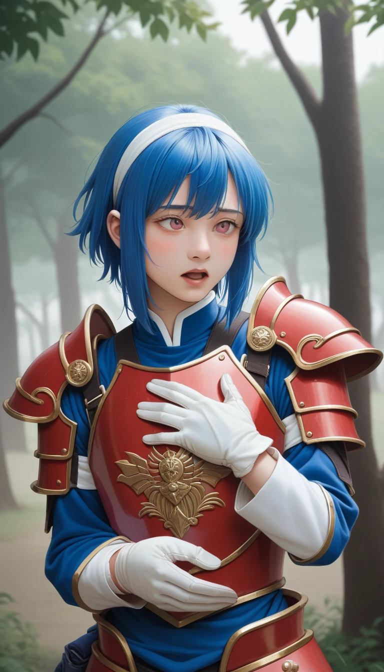 Lapis Lazuli Iron, 1 Girl, Solitary, Looking at the audience, blush, Bangs, Gloves, Upper Body, Weaving, Headband, outdoor, Open your mouth, sky空, sky, hands up, Pink Eyes, armor, Tree, Cover the navel, Blurred background, Place your hands on your chest, shoulder armor, side Weaving, Breastplate, red armor