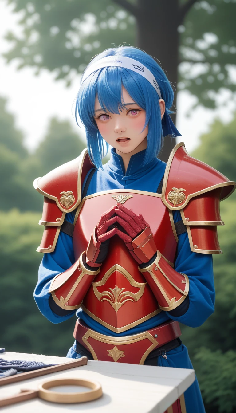 Lapis Lazuli Iron, 1 Girl, Solitary, Looking at the audience, blush, Bangs, Gloves, Upper Body, Weaving, Headband, outdoor, Open your mouth, sky空, sky, hands up, Pink Eyes, armor, Tree, Cover the navel, Blurred background, Place your hands on your chest, shoulder armor, side Weaving, Breastplate, red armor