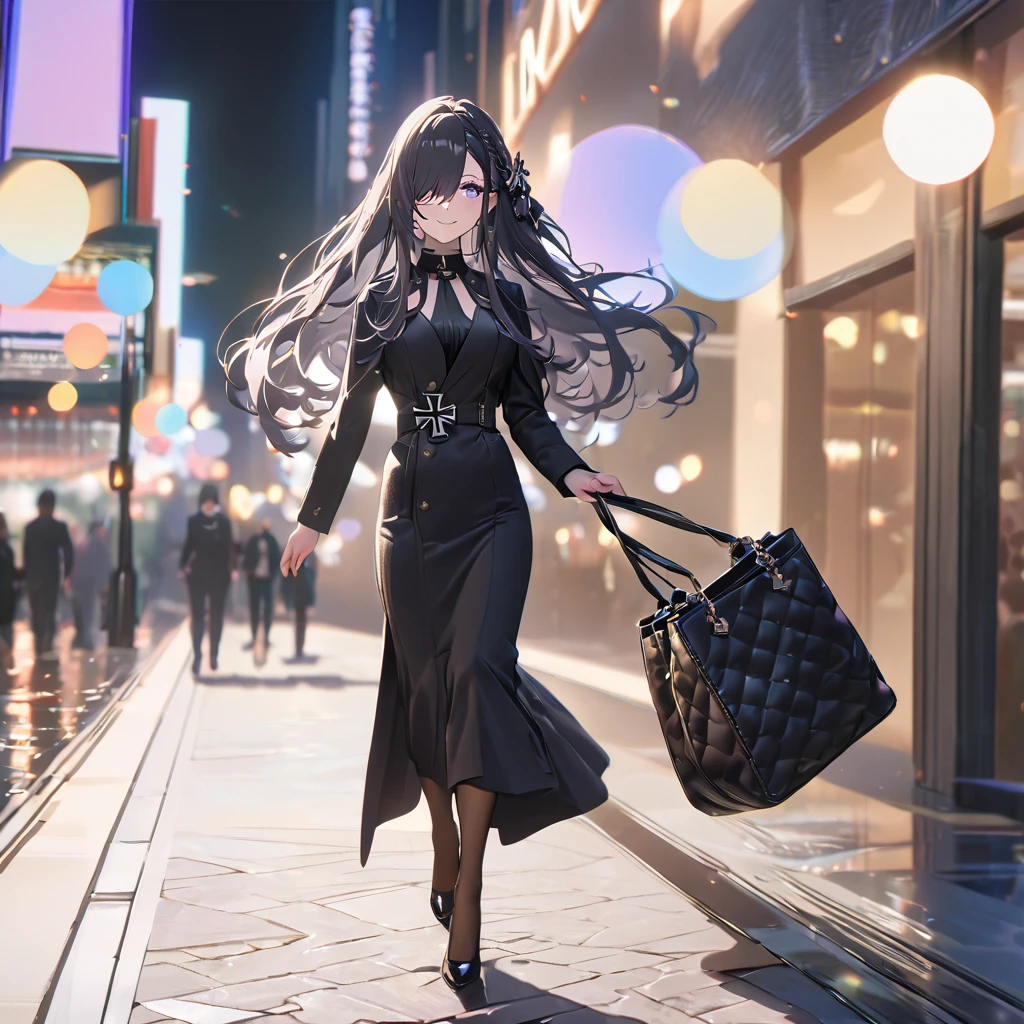 A woman wearing a black neckline, wearing brown tights, black heels, grape-colored hair, violet eyes, long hair, iron cross in her hair, wearing southern glasses, holding a luxury bag, walking on a sidewalk in a city a night, perfect lighting, big , smiling..(solo woman) ,UHD , prime work , accurate , anatomically correct , textured skin , super details , high quality , best quality, 8k, high resolution, bokeh effect, close view,
