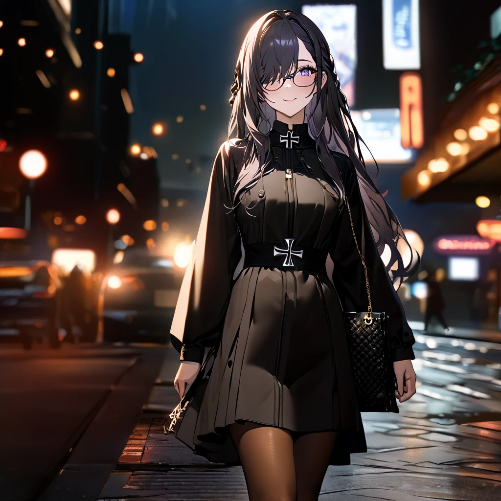 A woman wearing a black neckline, wearing brown tights, black heels, grape-colored hair, violet eyes, long hair, iron cross in her hair, wearing southern glasses, holding a luxury bag, walking on a sidewalk in a city a night, perfect lighting, big , smiling..(solo woman) ,UHD , prime work , accurate , anatomically correct , textured skin , super details , high quality , best quality, 8k, high resolution, bokeh effect, close view,
