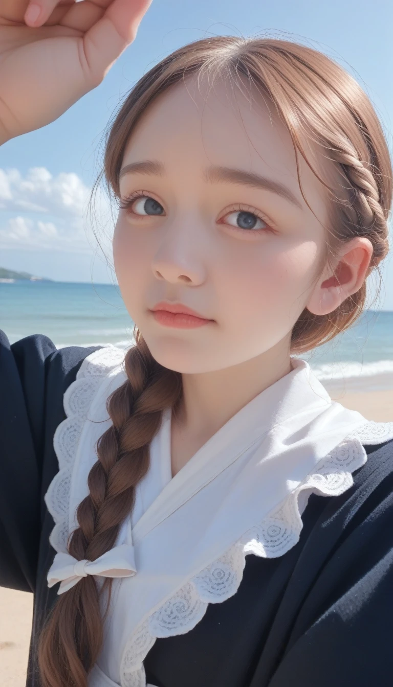 best quality, Super No, Reality, Photography of a beautiful woman, 30 years old age years, Delicate face, Black messy fishtail braid, (Delicate porcelain doll,Elaborate clothing with lots of ruffles and ribbons), beach, (Close-up of face), Attractive appearance, Looking at the audience