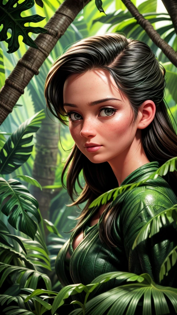a detailed expedition through the lush jungle, detailed jungle foliage, exotic tropical plants, towering ancient trees, dense overgrowth, winding jungle paths, mysterious wildlife, adventurous explorer, detailed facial features, (best quality,4k,8k,highres,masterpiece:1.2),ultra-detailed,(realistic,photorealistic,photo-realistic:1.37),detailed lighting, vibrant colors, cinematic composition