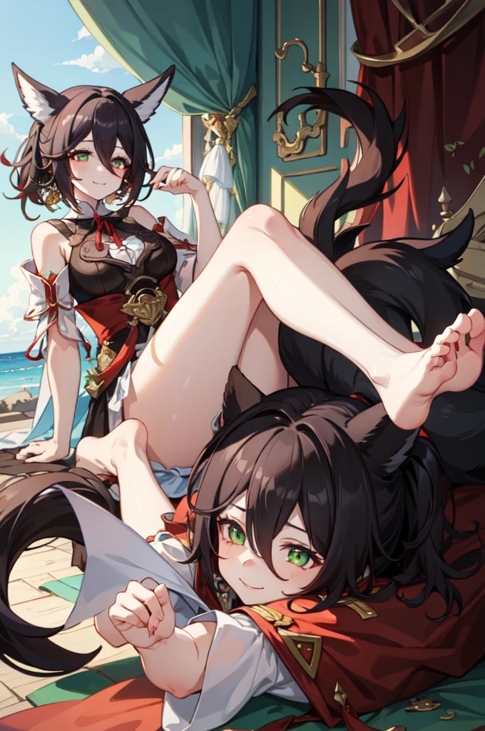 tingyunhsr, green eyes, hair between eyes, ponytail, animal ears, tail,((boy shot,lift one's legs,toes,both feet)),evil smile,