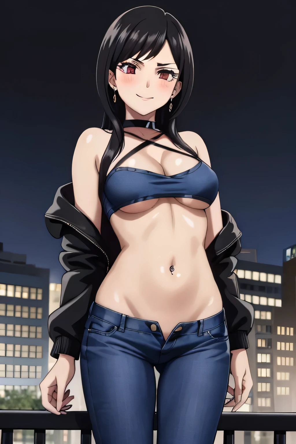  1girl, Vanica, solo, black hair, long hair, red eyes,  standing, swept bangs, bangs, blush, lipstick, jewelry, earrings, nightclub, bar, inside bar,  Hot girl, baddie, mean girl, sensual, attractive, outdoors, rooftop, cityscape, building, daylight , city lights, jacket, masterpiece,high quality,4k, bare shoulder,belly,crop top,holding pistol,cleavage,jeans,casual
dress,street,road,smile, (nsfw) not safe for work, holding a gun,handgun, evil expression,
exposed belly, exposed navel, exposed midriff, exposed lower belly, crop top overhang, underboob,
unbuttoned jeans , low rise black jeans, Low rise jeans, Low rise jeans with open fly, navel piercing