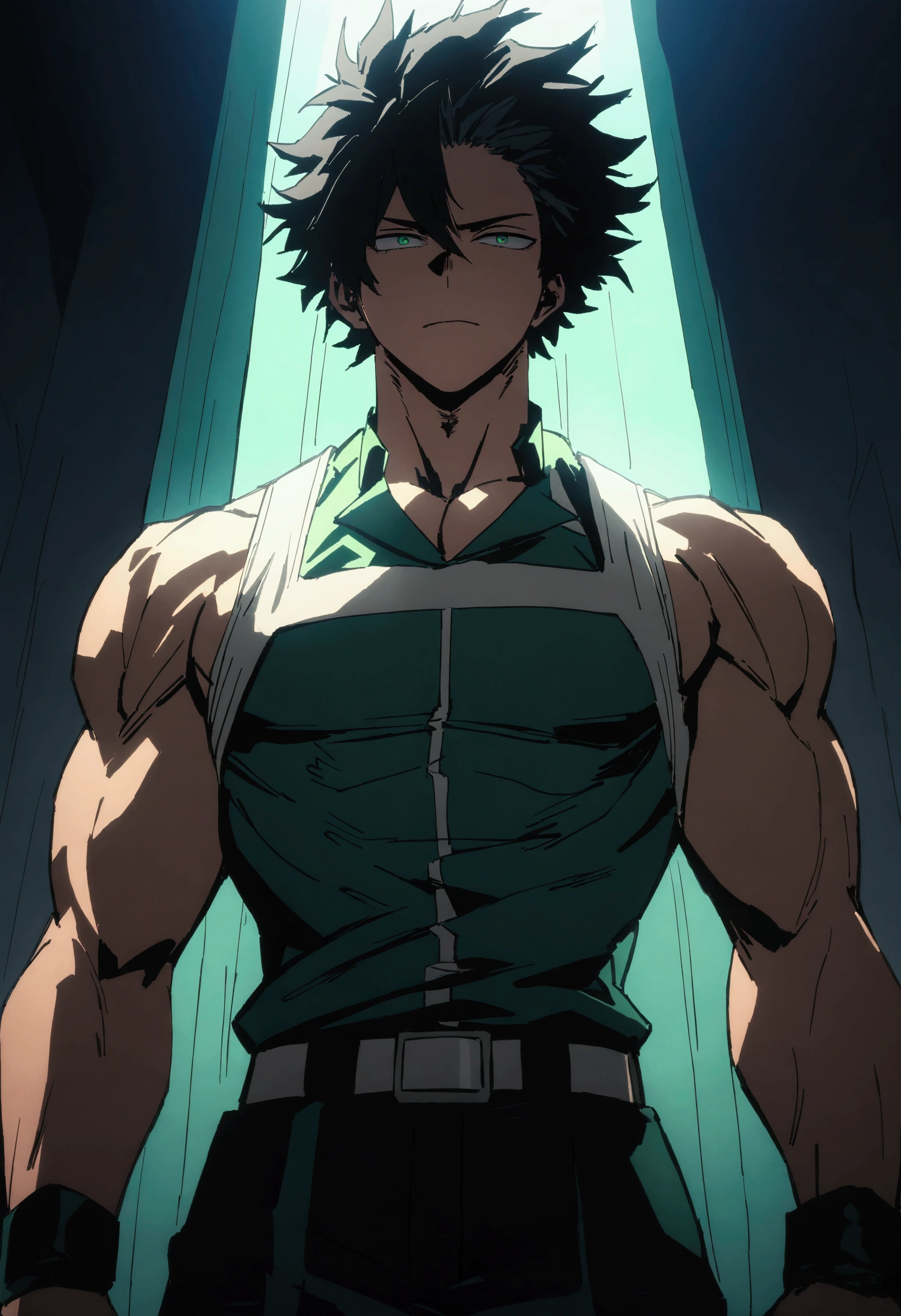  He is a , He has slightly disheveled very black hair..., somewhat light green eyes, , muscular body , sexy face, He is dressed in the anime male uniform "my hero academia", evil face, 8k, high quality, masterpiece, dramatic lighting, cinematic, vivid colors, shining green eyes 