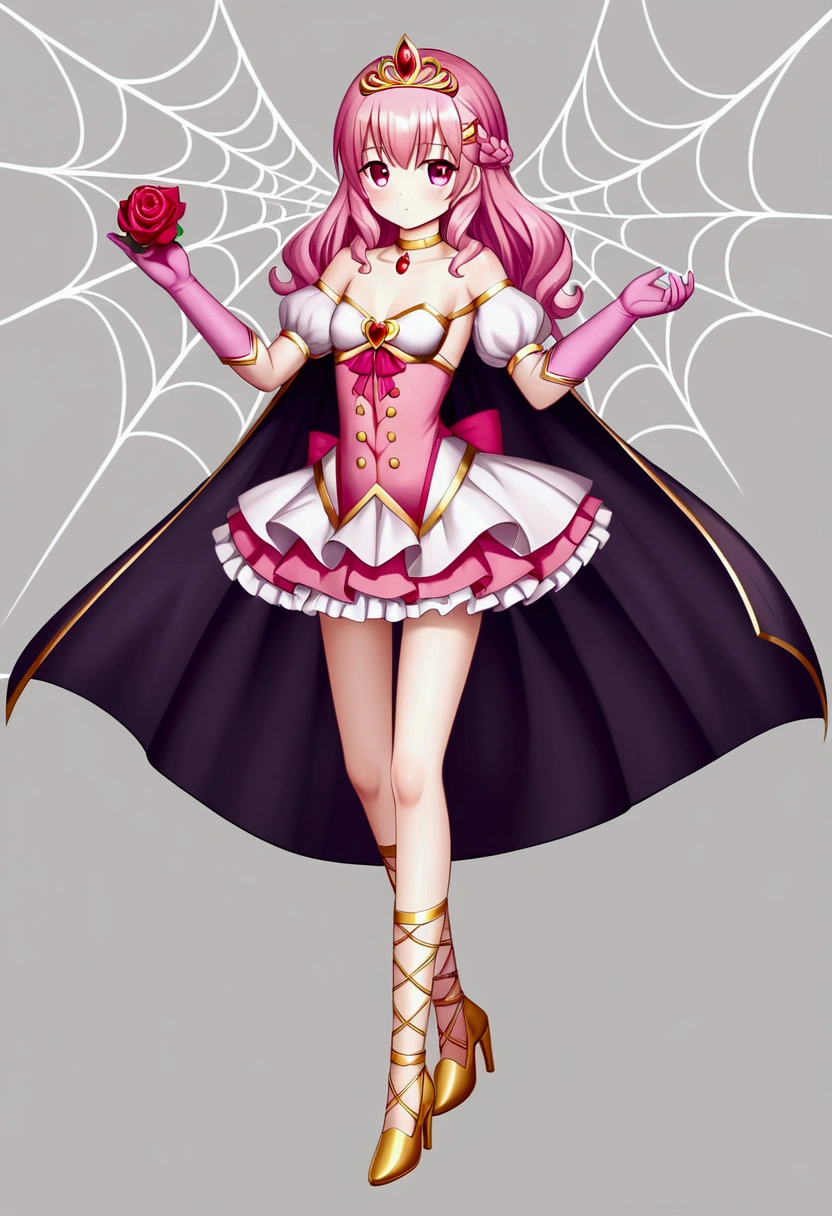 Create an anime-style girl with (((deep magenta eyes and long, wavy pink hair))) ((styled in an elegant frenchbraid)). (((She is slender, and  with small breasts))). ((Ensure a full-body shot of her)) wearing a (((magical girl-themed outfit.))) ((The outfit features a fitted bodice with a sweetheart neckline, gold embroidery, and pastel pink accents. The bodice has delicate rose gold spider web patterns. She wears a multi-layered knee-length skirt with a high-low hemline, the outermost layer sheer with gold and rose gold spider web patterns. She has off-the-shoulder puff sleeves, arm-length pastel pink gloves with gold trim, and a gold choker with a red gemstone. The outfit includes a short, detachable sheer cape with rose gold spider web patterns and is fastened with gold brooches. She wears pastel pink ankle boots with gold heels and rose gold laces. Accessories include a gold tiara with a red gemstone and gold spider-shaped hairpins.)) The overall look is regal and ethereal, with magical glowing effects. cutesexy, purinpuon pixiv, no future, a hyperrealistic , hyperrealistic , realistic , seductive (anime girl), smooth anime cg art, beautiful alluring anime teen, (purinpuon pixiv), ((magical girl)), (masterpiece), best quality, expressive eyes, perfect face ((Highest quality))、((8K))、(((8k wallpaper))) ((Full Body Shot: 1.5))、ultra detailed, masterpiece, best quality, solo ((purinpuon pixiv, no future)) (((purinpuon pixiv, no future)))