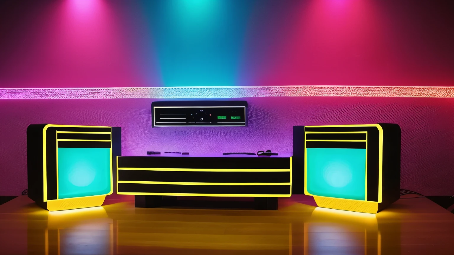 criar um ambiente de disco on 70,80s , eletronic style, stage, lights, power speakers,amplicadores de som,equelizadores, no figures no ambiente, color lights decoration, unique disco