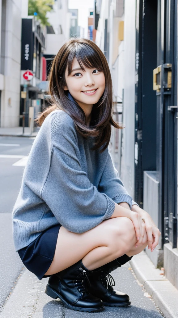 Photo taken by a professional photographer，laughter:1.5，Close-up of a 30-year-old Japanese woman squatting on the sidewalk, wearing a sweater, Short-cut brown hair, hair is disheveled，young and cute girl, wear a miniskirt:1.5，Wear stylish boots，Fancy makeup with red eyeshadow，Beautiful thighs are visible，Squatting with crotch open facing the front:1.5，I can see black panties:1.5，