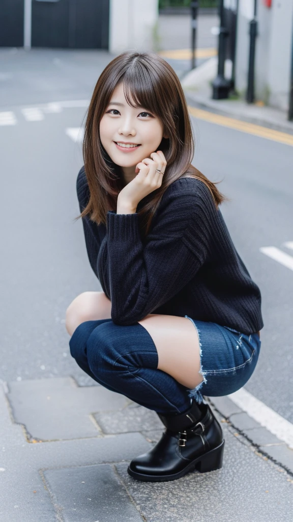 Photo taken by a professional photographer,laughter:1.5,Close-up of a 30-year-old Japanese woman squatting on the sidewalk, wearing a sweater, Short-cut brown hair, hair is disheveled,young and cute girl, wear a miniskirt:1.5,Wear stylish boots,Fancy makeup with red eyeshadow,Beautiful thighs are visible,Squatting with crotch open facing the front:1.5,I can see black panties:1.5,