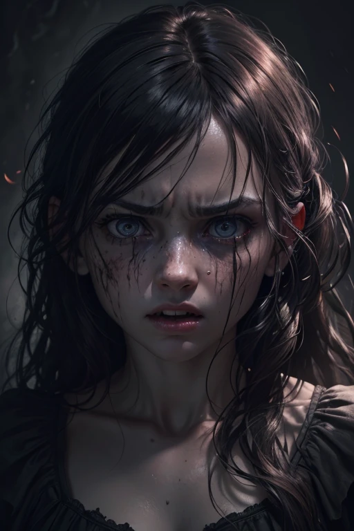 1 girl, horrified expression, wide open eyes, screaming, messy hair, dramatic lighting, dark and gloomy atmosphere, haunting, creepy, unsettling, (best quality,4k,8k,highres,masterpiece:1.2),ultra-detailed,(realistic,photorealistic,photo-realistic:1.37),dark colors,chiaroscuro lighting,gothic,horror,dramatic