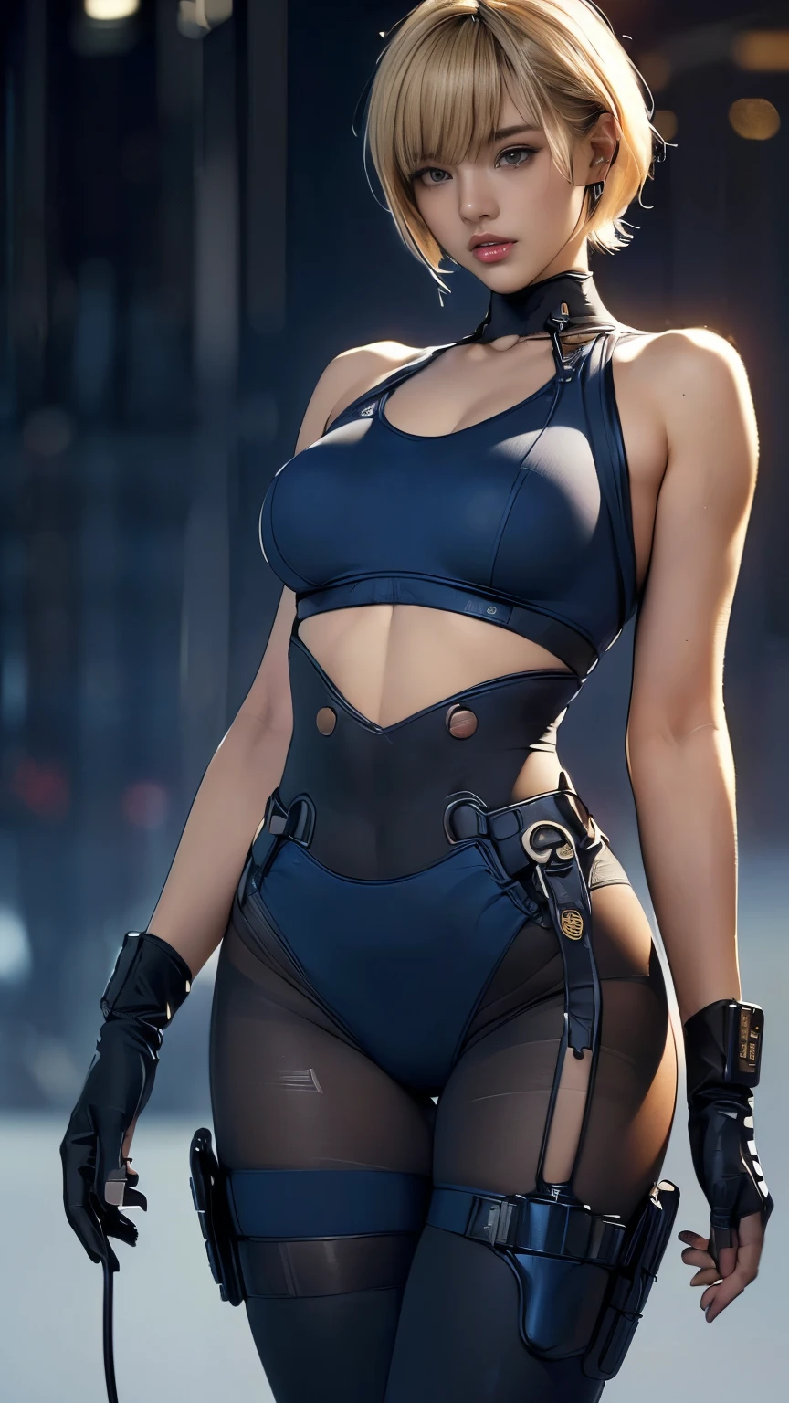 (A woman),(((A female member of the Future Force rides a motorcycle))),((Navy blue tactical tights:1.5)),((earphone:1.5)),((Tactical Holster:1.5)),(Gloves:1.5),(Serious:1.5),(Super short hair:1.5),(Blonde:1.5),(beautiful eyes:1.3),(Very detailedな顔:1.5),((Very detailedな女性の手の描画:1.5)),((muscular:1.5)),(Sexy appearance:1.5),((Thick thighs:1.5)),(Beautiful Body:1.5),((Very sensual:1.5)),(Background is hanger:1.5),(Cyberpunk atmosphere:1.5),(((Blurred Background:1.5))),(Written border depth:1.5),rest(((masterpiece:1.5),(best quality:1.5),(Very detailed:1.5),(high resolution:1.5),(Practical:1.5),(Practical:1.5),(Delicate depiction),(Carefully drawn))),8K,wallpaper