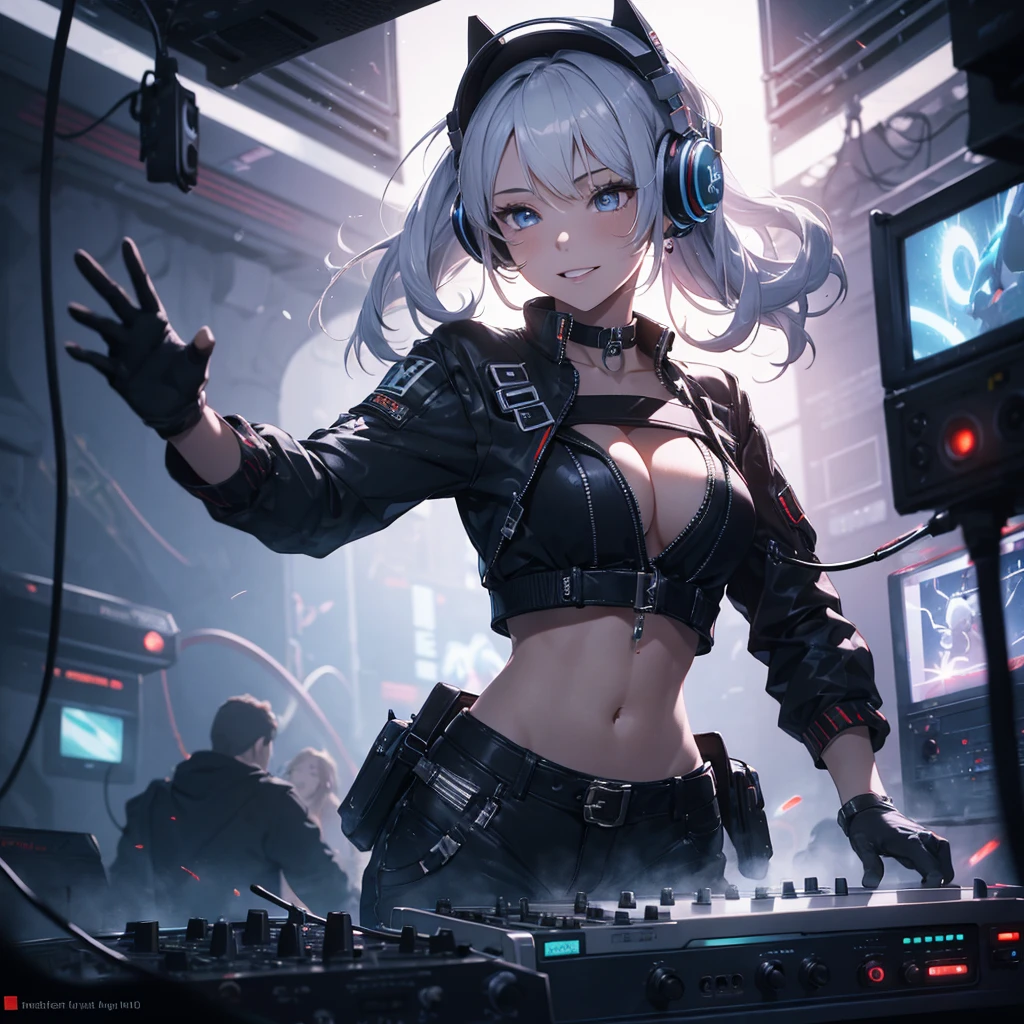 (masterpiece:1.3),(best quality:1.2),8k,absurdres,unity 8k wallpapper,(extremely detailed:1.3),highestres,realistic, (1girl:1.2),(headphones:1.1),(neon light:1.1),mechanical headwear,(mechanical wings:0.8),(dynamic pose:1.1),(floating hair:1.2),(passionate:1.2),(DJ:0.9),(psychedelic:1.2),dynamic pose,(electric wire:1.1),(light beam:1.2),midriff,dim,(music:1.2),cable,god rays,(indoors:1.2), (instrument:0.7),frenzied,passionate,energetic,intense,electrifying,exhilarating,dynamic,thrilling,explosive,rousing,(crowd:1.2),light rays,neonlight,electric fan, (electricity:1.2), (electronic music:1.1),(sound mixing:1.3), happy, smiling, nice hands, perfect hands, open_mouth, sparks, light particles, magical,DJ, passionate, saravalestein, 1girl, long hair, gloves, choker, cleavage, ponytail, cleavage, jewerly, photorealistic, photorealism, masterpiece, toned abs, realistic,ledarraytech,scifi,geometrical , tron,