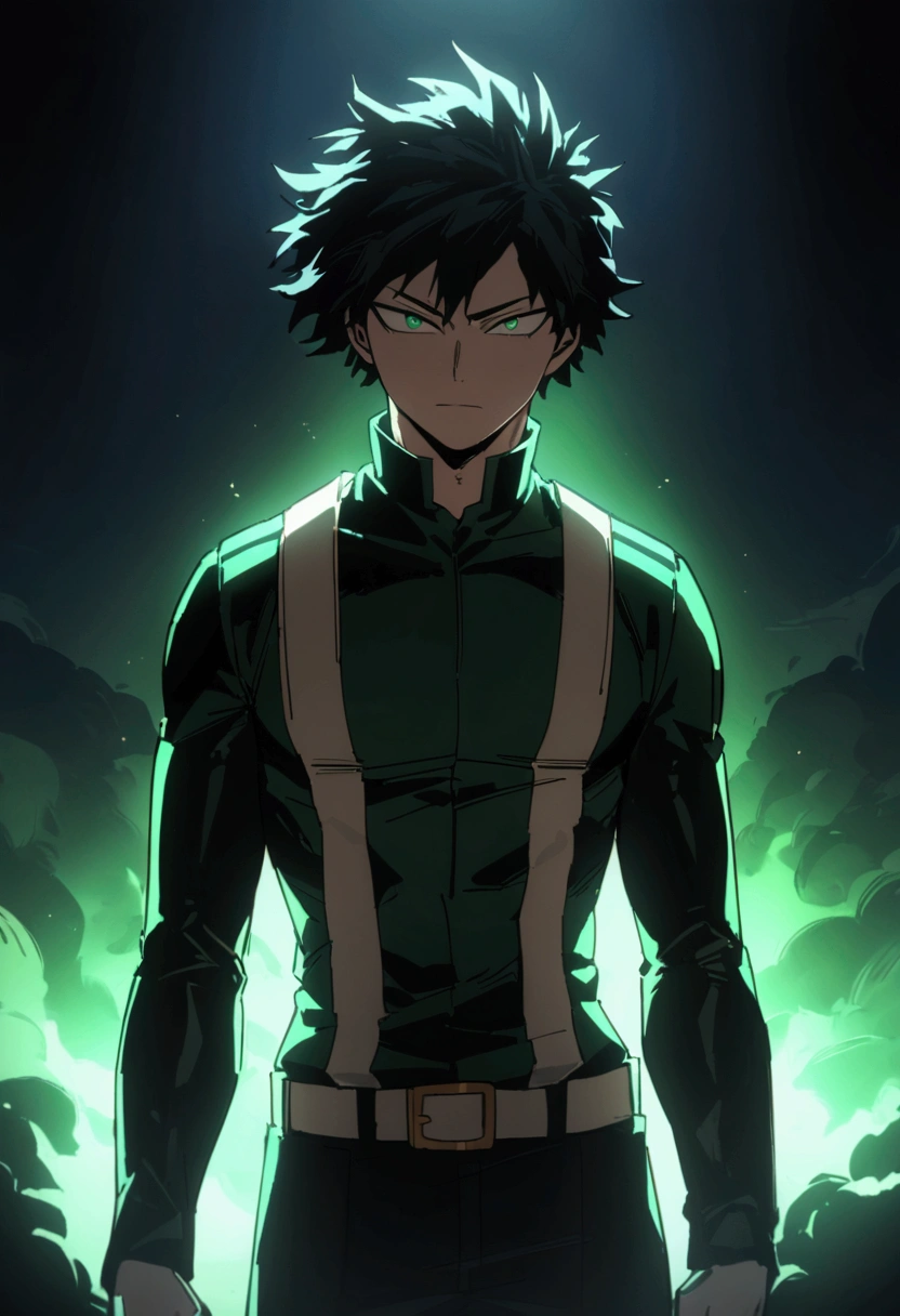  He is a 17 year old teenager, He has slightly disheveled very black hair..., somewhat light green eyes, (all body), , muscular body , sexy face, He is dressed in the anime male uniform "my hero academia", evil face, 8k, high quality, masterpiece, dramatic lighting, cinematic, vivid colors, shining green eyes 