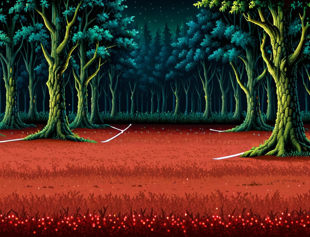 Side view of a forest battleback, background, clean floor, medieval forest battleback, at night, side-view, masterpiece, trees in background